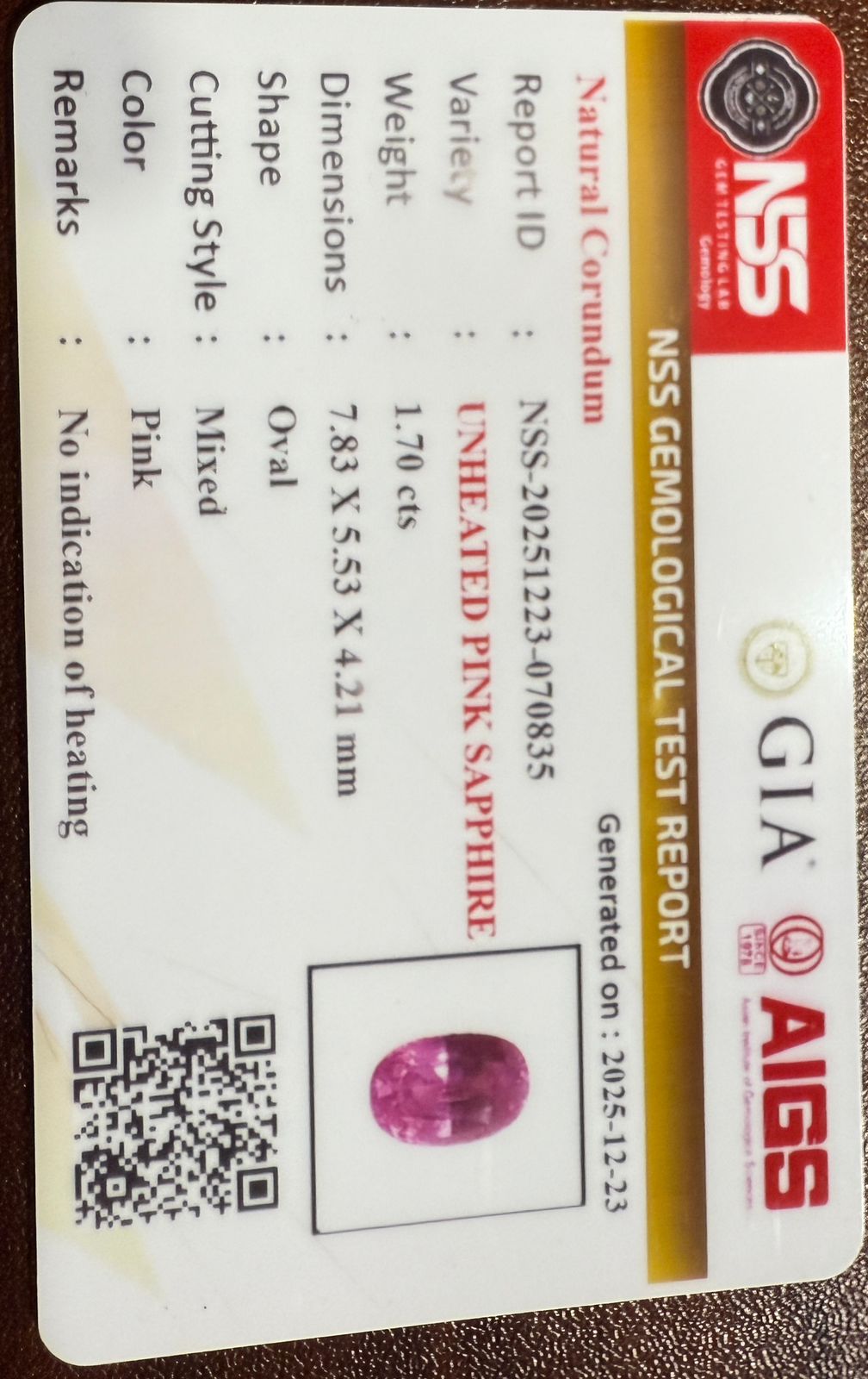Natural Unheated Pink Sapphire – 1.70 Carats